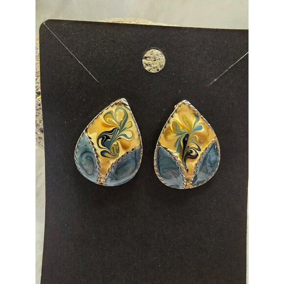 Unique Artistic Post Earrings Statement Jewelry Gold Tone MCM Blue Swirl Mosaic - Picture 1 of 6